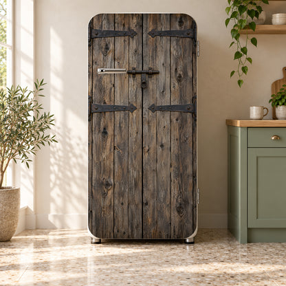 Old Barn Door fridge wrap on a retro refrigerator