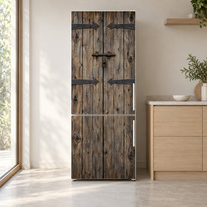 Old Barn Door fridge wrap on a white refrigerator in a bright kitchen