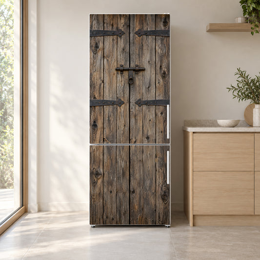 Old Barn Door fridge wrap on a white refrigerator in a bright kitchen
