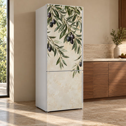 Olive Branches fridge wrap, refrigerator shown at an angle