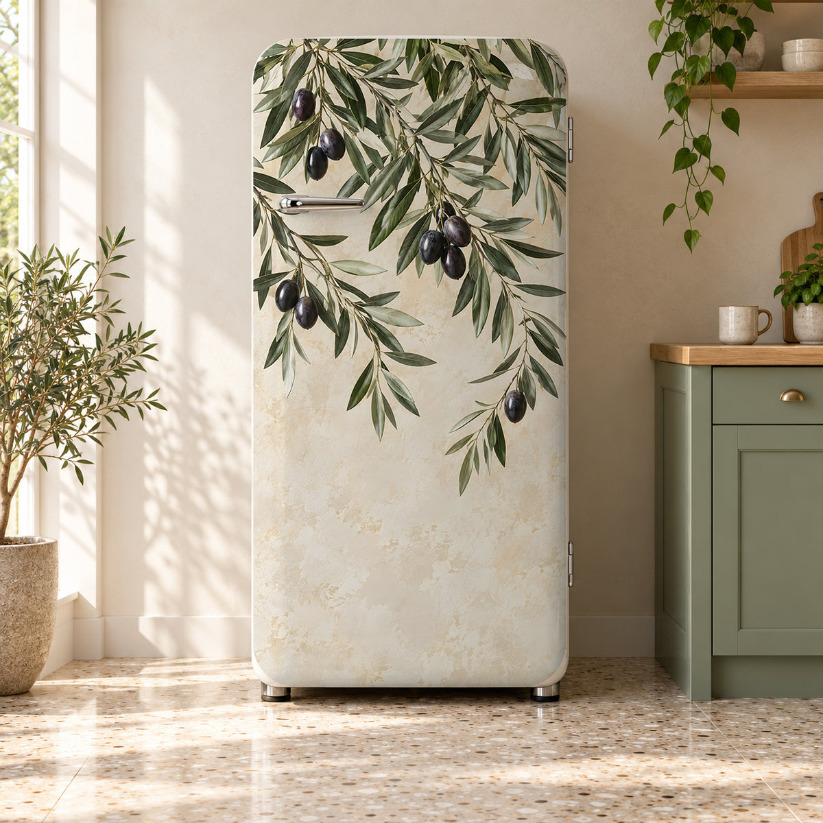 Olive Branches fridge wrap on a retro refrigerator