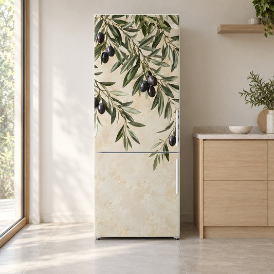 Olive Branches fridge wrap on a white refrigerator in a bright kitchen
