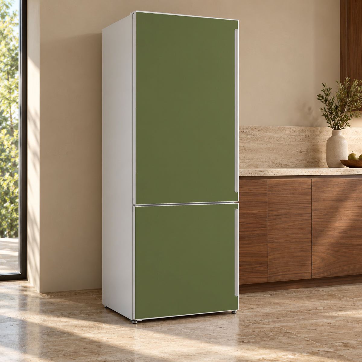 Olive Green fridge wrap, refrigerator shown at an angle
