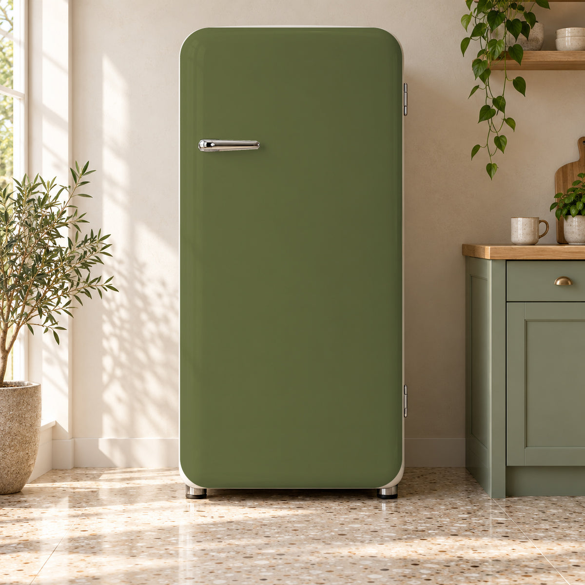 Olive Green fridge wrap on a retro refrigerator