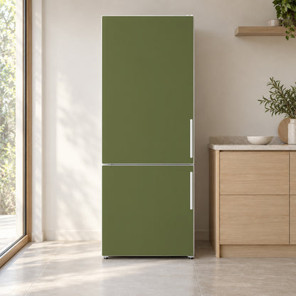 Olive Green fridge wrap on a white refrigerator in a bright kitchen