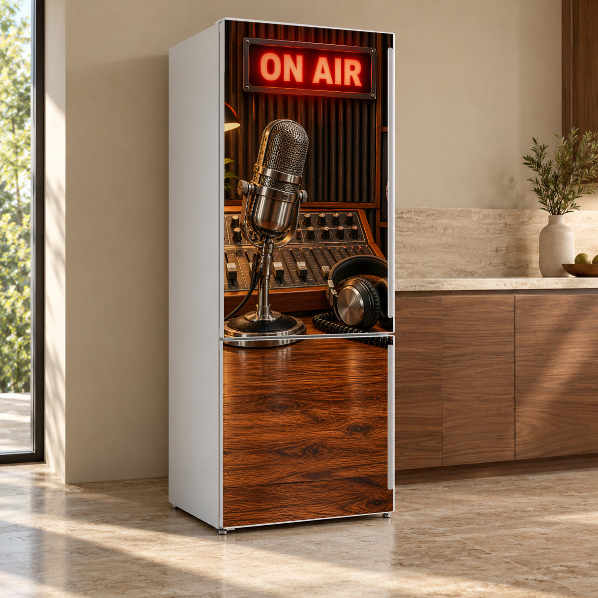 On Air Radio Studio fridge wrap, refrigerator shown at an angle