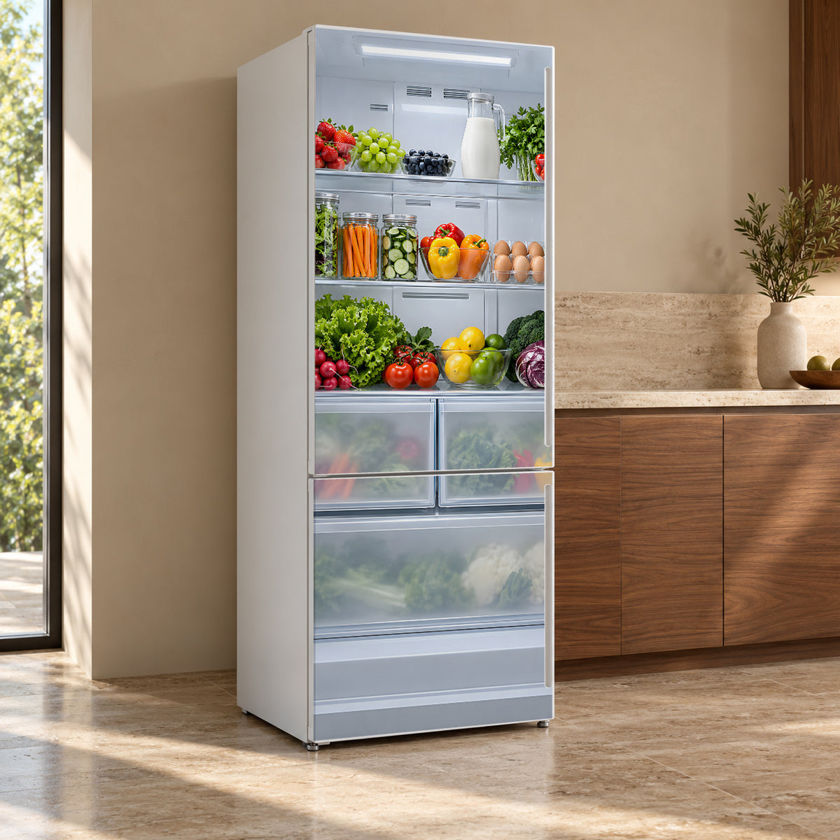 Open Fridge Illusion fridge wrap, refrigerator shown at an angle