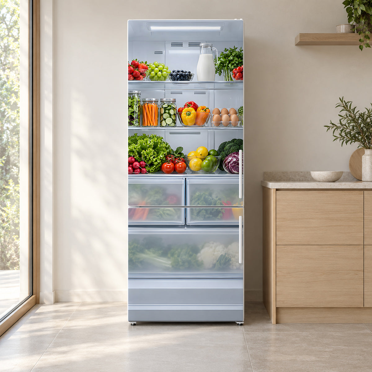 Open Fridge Illusion fridge wrap on a white refrigerator in a bright kitchen
