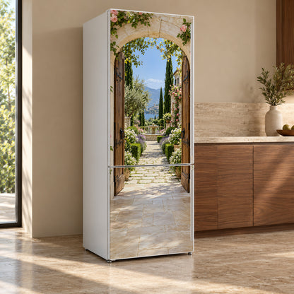 Open Garden Door fridge wrap, refrigerator shown at an angle