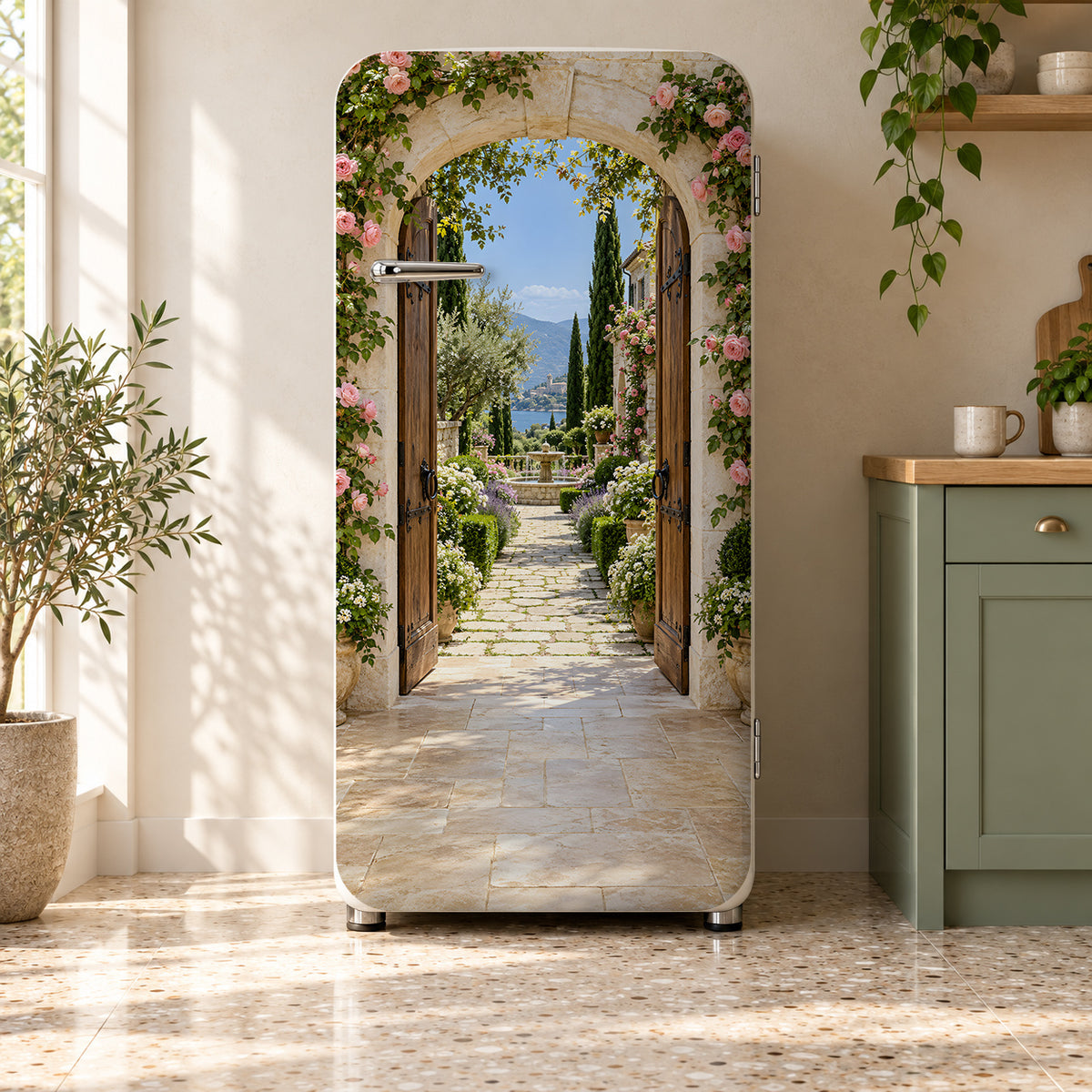 Open Garden Door fridge wrap on a retro refrigerator