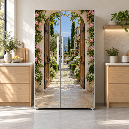 Open Garden Door fridge wrap on a side-by-side refrigerator