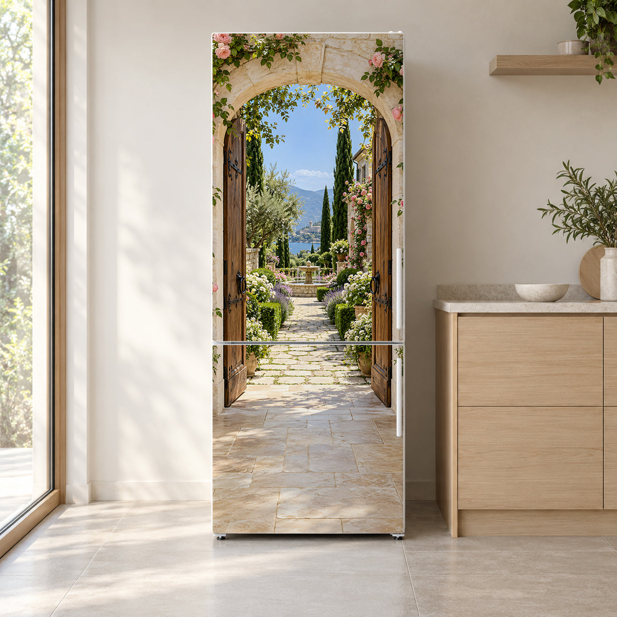Open Garden Door fridge wrap on a white refrigerator in a bright kitchen