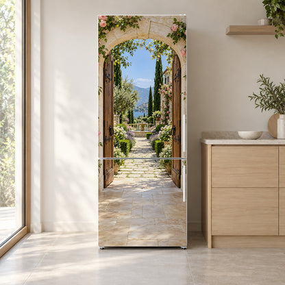 Open Garden Door fridge wrap on a white refrigerator in a bright kitchen
