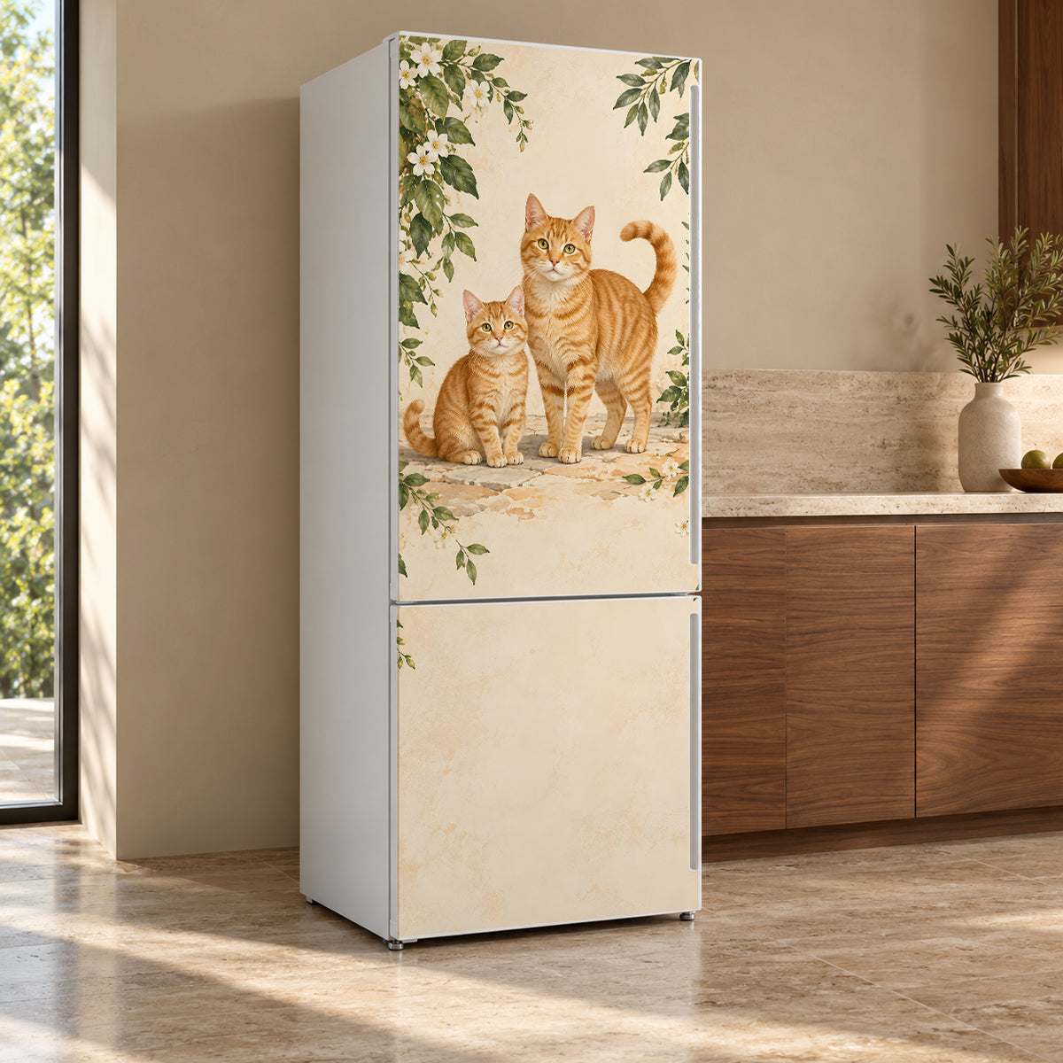 Orange Tabby Cats fridge wrap, refrigerator shown at an angle
