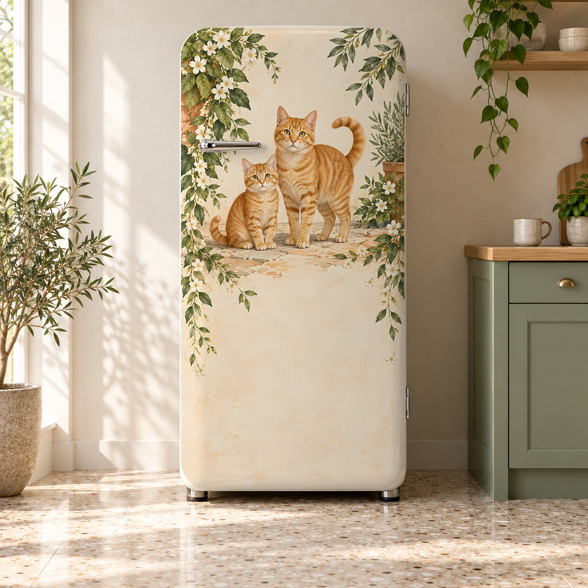 Orange Tabby Cats fridge wrap on a retro refrigerator