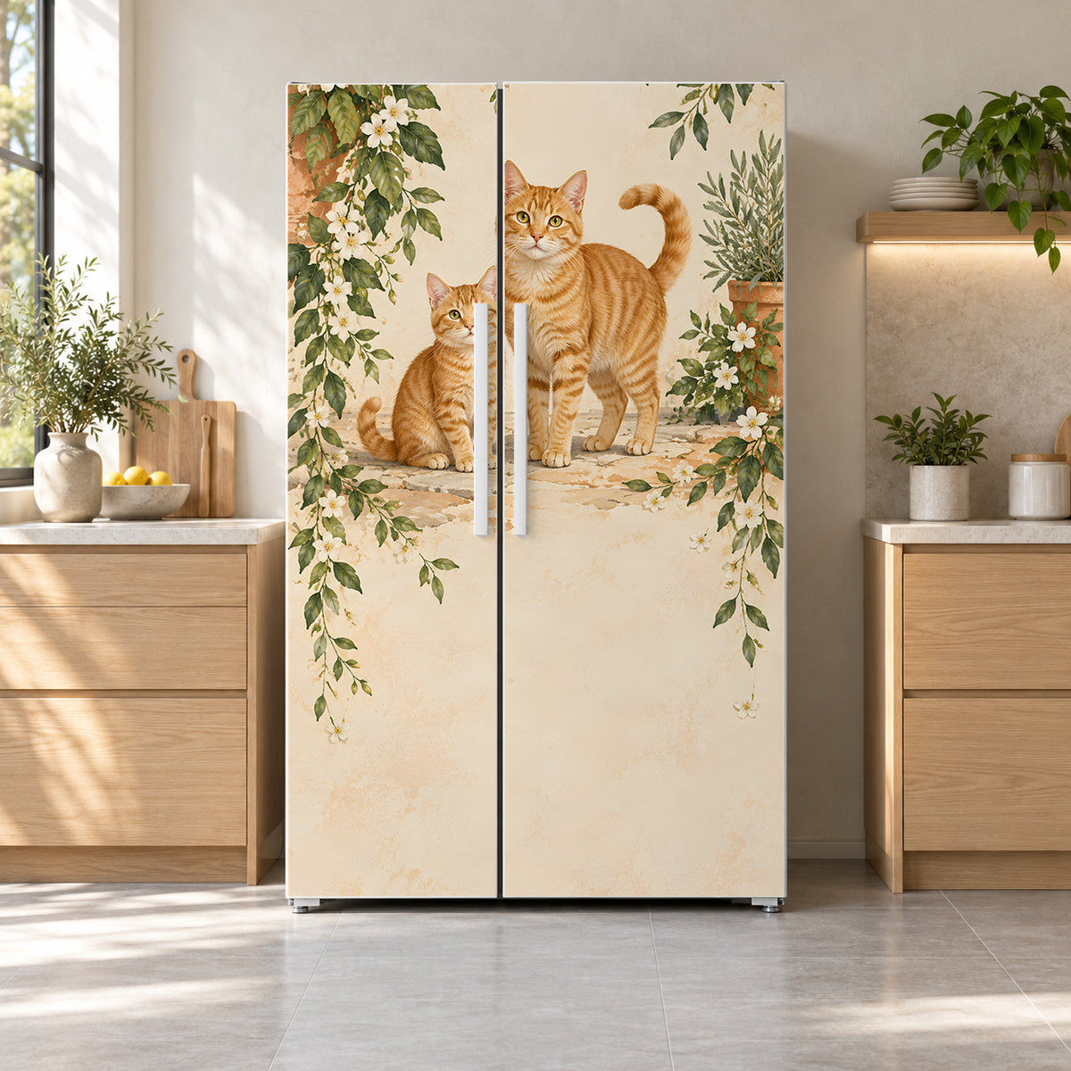 Orange Tabby Cats fridge wrap on a side-by-side refrigerator