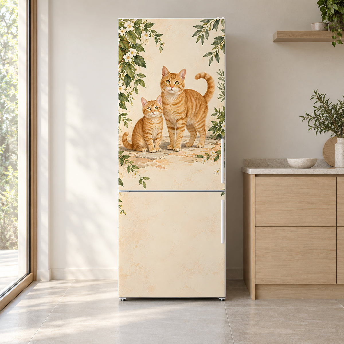 Orange Tabby Cats fridge wrap on a white refrigerator in a bright kitchen