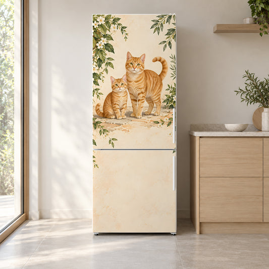 Orange Tabby Cats fridge wrap on a white refrigerator in a bright kitchen