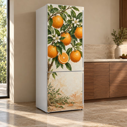 Orange Tree Branches fridge wrap, refrigerator shown at an angle