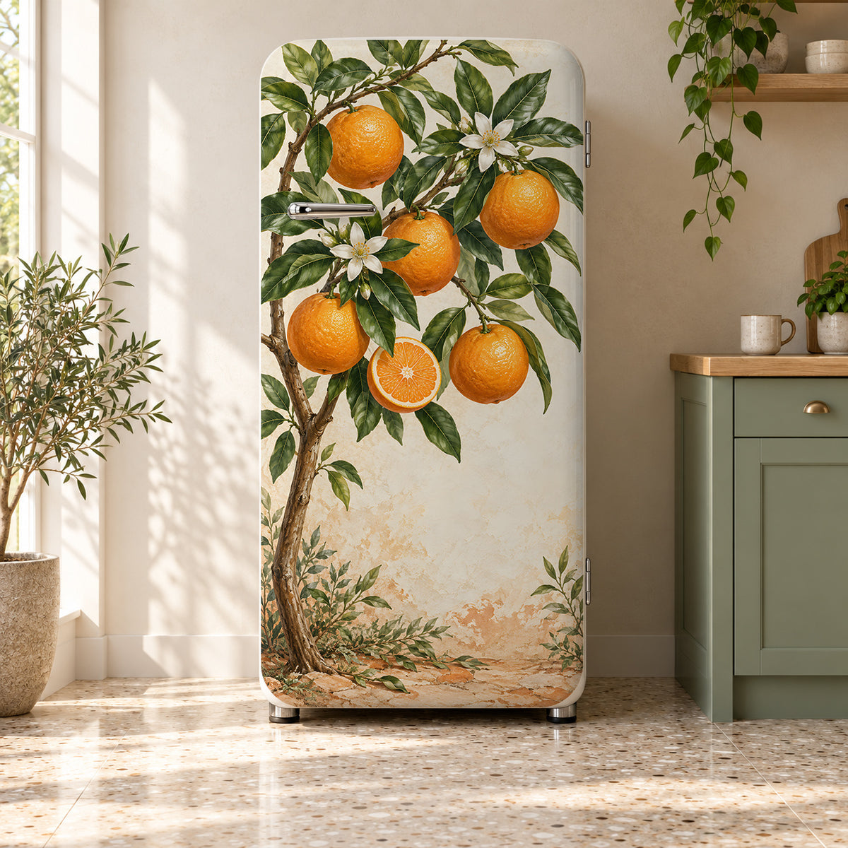 Orange Tree Branches fridge wrap on a retro refrigerator