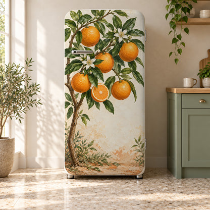 Orange Tree Branches fridge wrap on a retro refrigerator