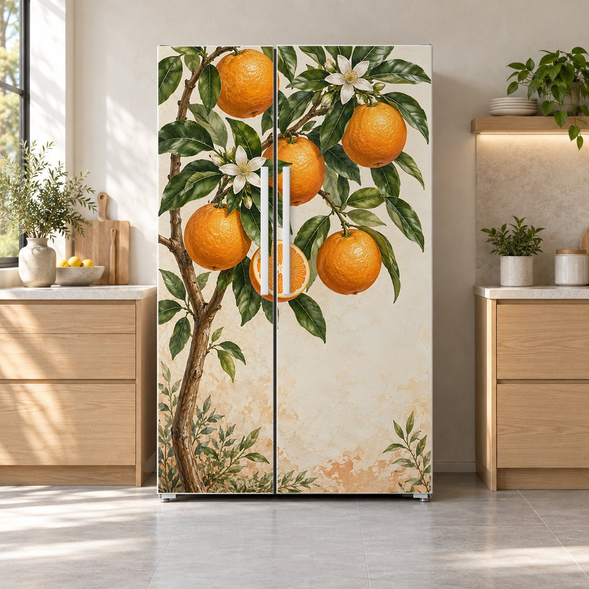 Orange Tree Branches fridge wrap on a side-by-side refrigerator