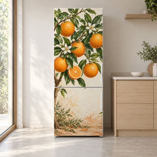 Orange Tree Branches fridge wrap on a white refrigerator in a bright kitchen