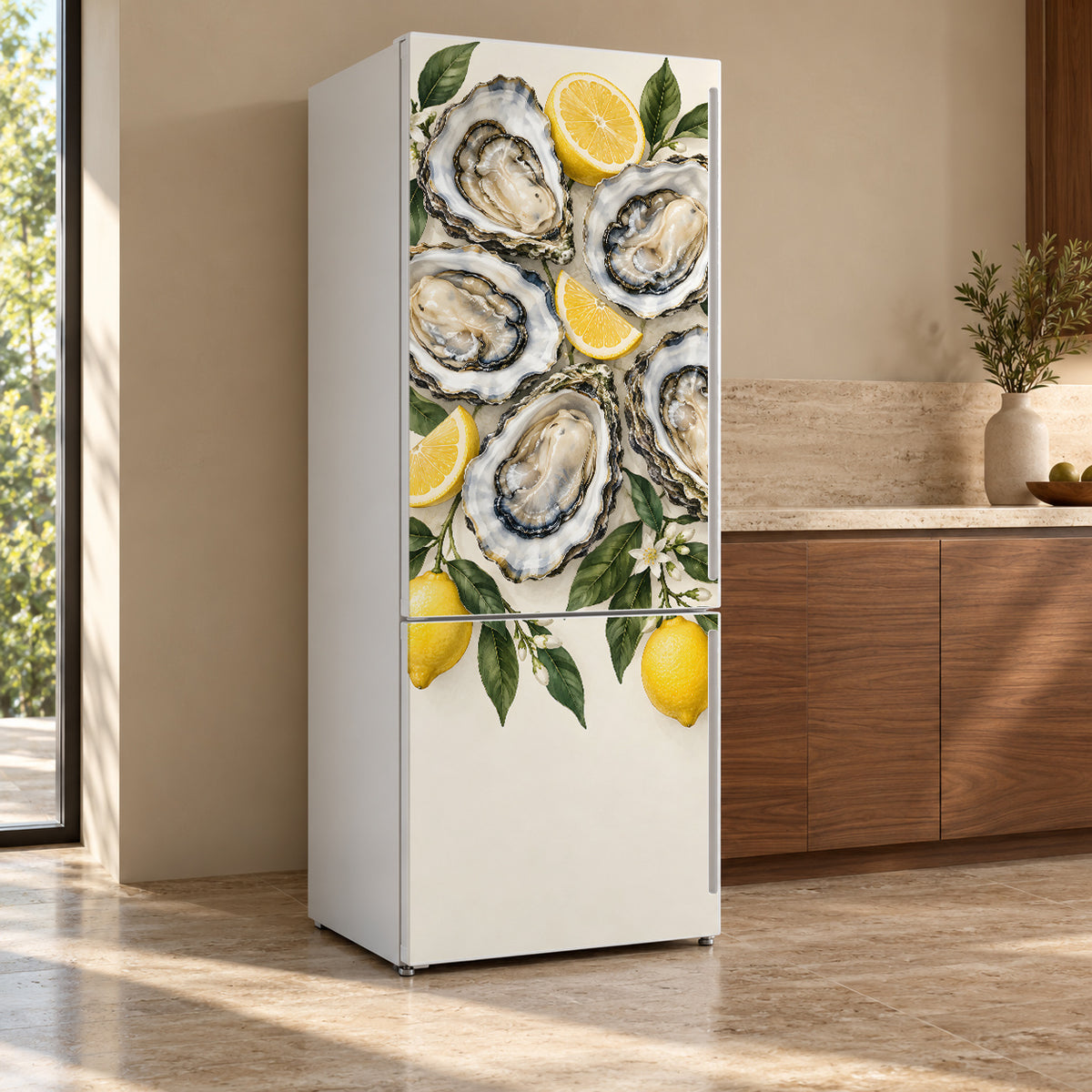 Oysters & Lemons fridge wrap, refrigerator shown at an angle