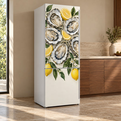 Oysters & Lemons fridge wrap, refrigerator shown at an angle