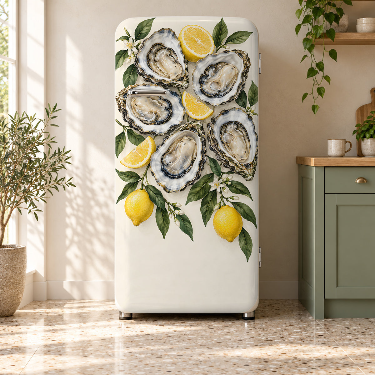 Oysters & Lemons fridge wrap on a retro refrigerator
