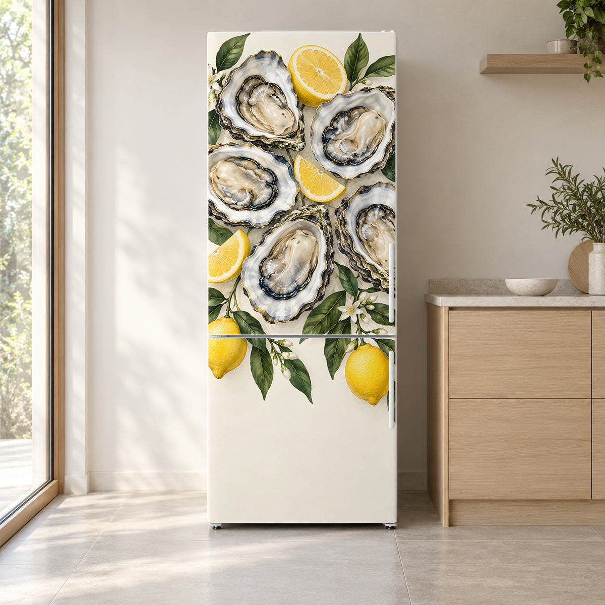 Oysters & Lemons fridge wrap on a white refrigerator in a bright kitchen
