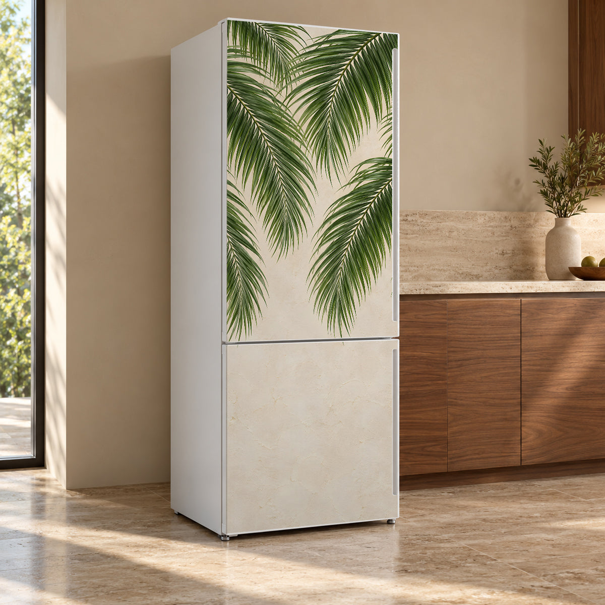 Palm Fronds fridge wrap, refrigerator shown at an angle