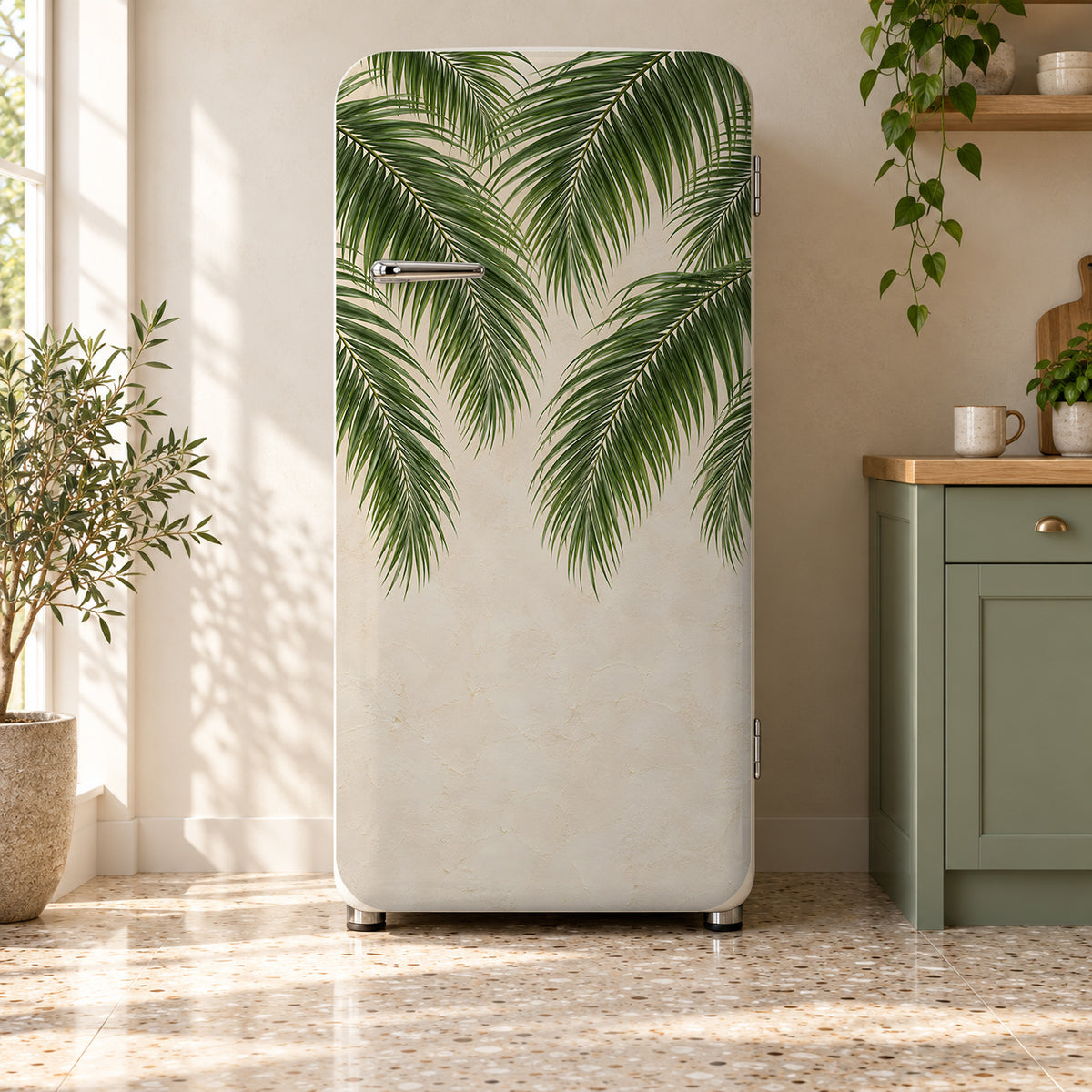 Palm Fronds fridge wrap on a retro refrigerator