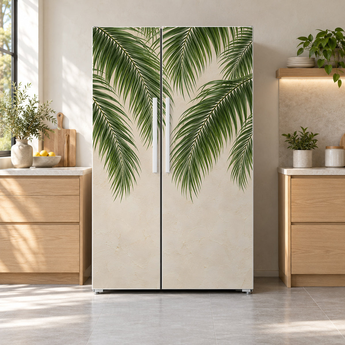 Palm Fronds fridge wrap on a side-by-side refrigerator