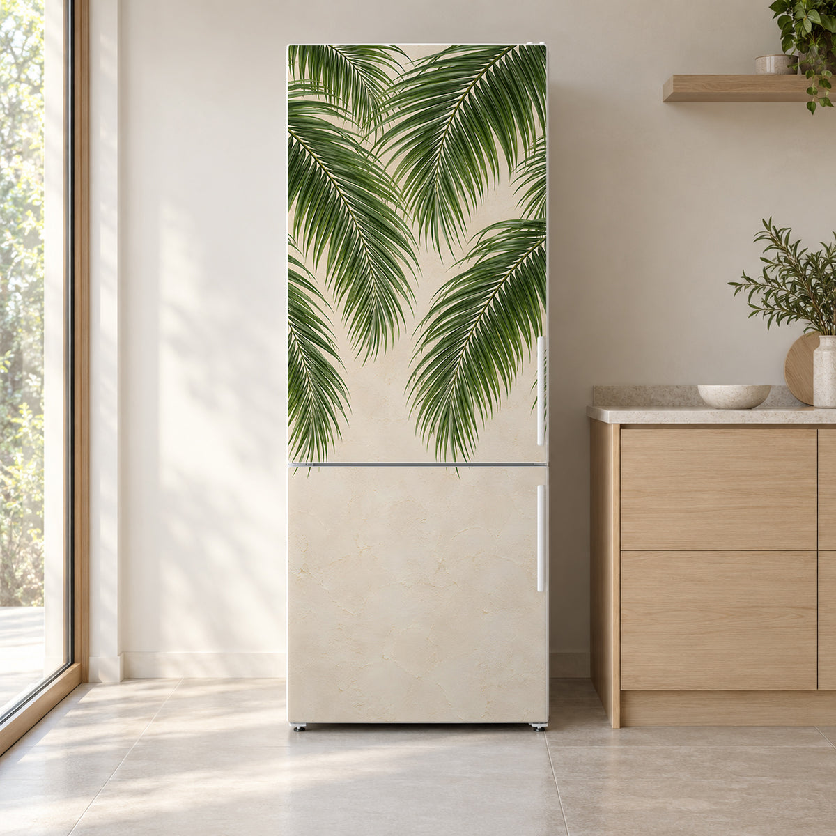 Palm Fronds fridge wrap on a white refrigerator in a bright kitchen