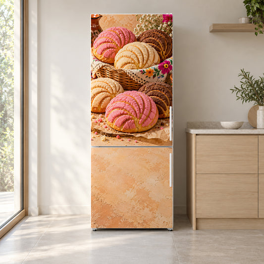 Pan Dulce Concha Bakery fridge wrap on a white refrigerator in a bright kitchen