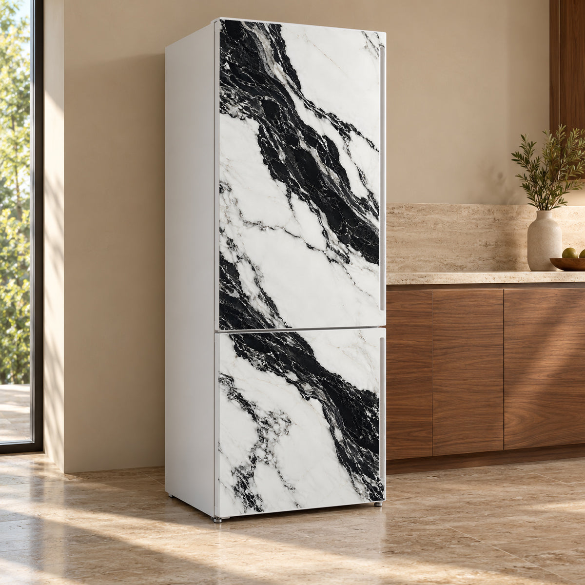 Panda White Marble fridge wrap, refrigerator shown at an angle