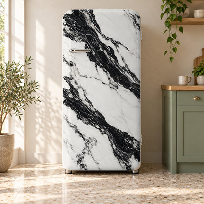 Panda White Marble fridge wrap on a retro refrigerator