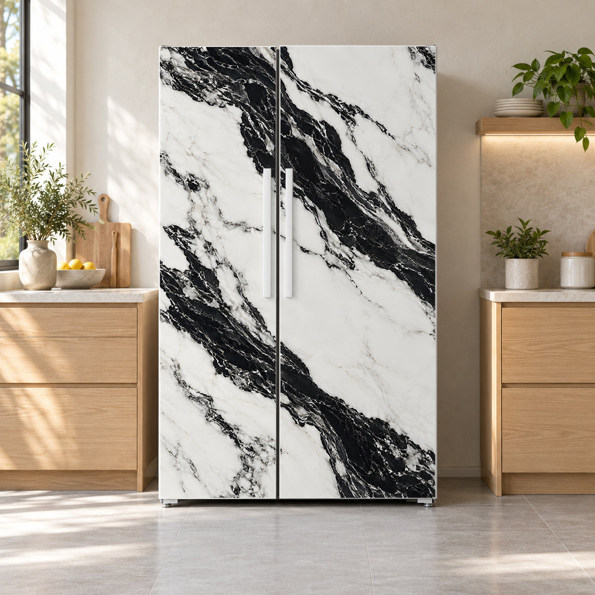 Panda White Marble fridge wrap on a side-by-side refrigerator