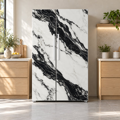 Panda White Marble fridge wrap on a side-by-side refrigerator