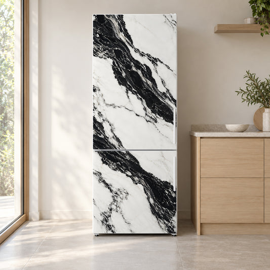 Panda White Marble fridge wrap on a white refrigerator in a bright kitchen