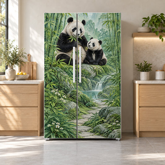 Pandas & Bamboo fridge wrap on a side-by-side refrigerator