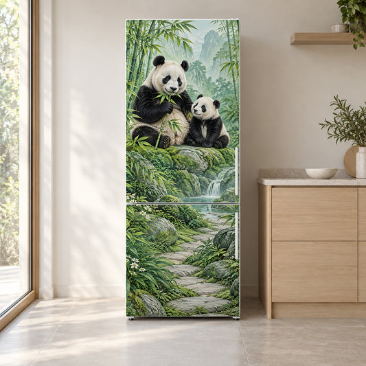 Pandas & Bamboo fridge wrap on a white refrigerator in a bright kitchen