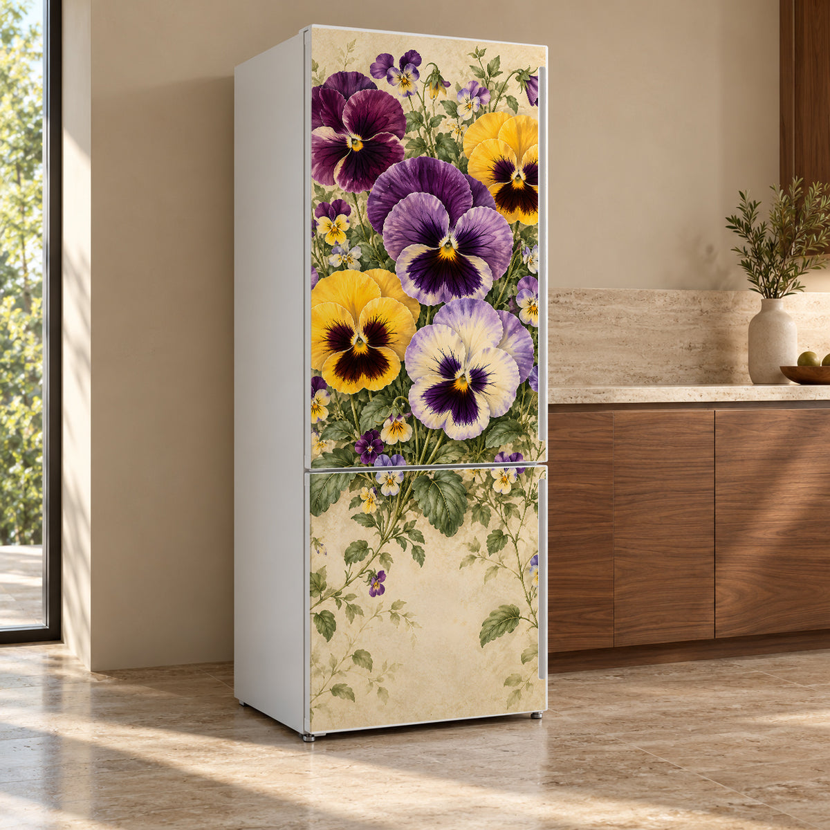 Pansies & Violas fridge wrap, refrigerator shown at an angle