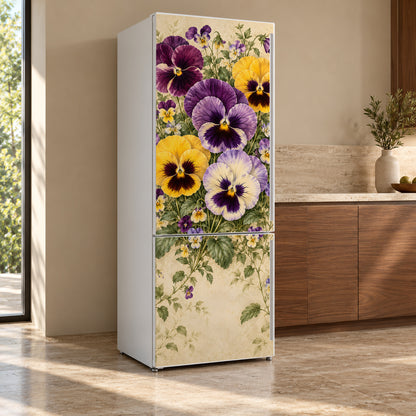 Pansies & Violas fridge wrap, refrigerator shown at an angle