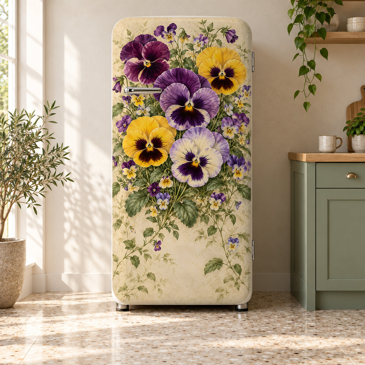 Pansies & Violas fridge wrap on a retro refrigerator
