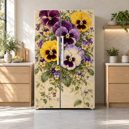 Pansies & Violas fridge wrap on a side-by-side refrigerator