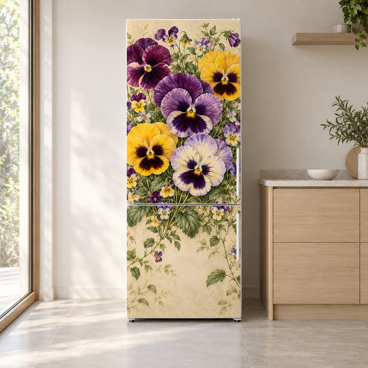 Pansies & Violas fridge wrap on a white refrigerator in a bright kitchen