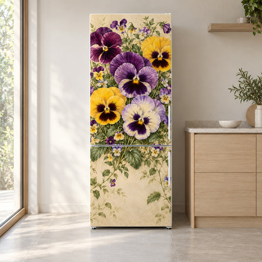Pansies & Violas fridge wrap on a white refrigerator in a bright kitchen