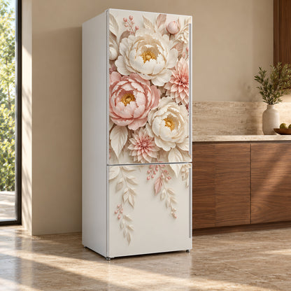 Paper Flowers fridge wrap, refrigerator shown at an angle